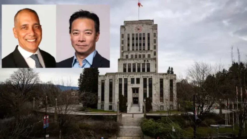 加拿大綠黨友台參選人費必得(小圖左)成為溫哥華新市長。港人後代沈觀健連任失敗。