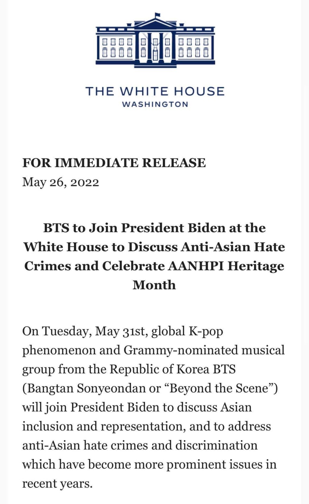 美國白宮今日宣佈韓團BTS將於本月31日造訪，並與總統拜登見面。