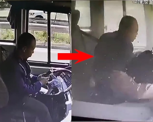 山西旅巴司機在高速公路上低頭玩手機（左），引發追尾事故，有乘客飛出座位卡在副駕座。（右）（網圖）