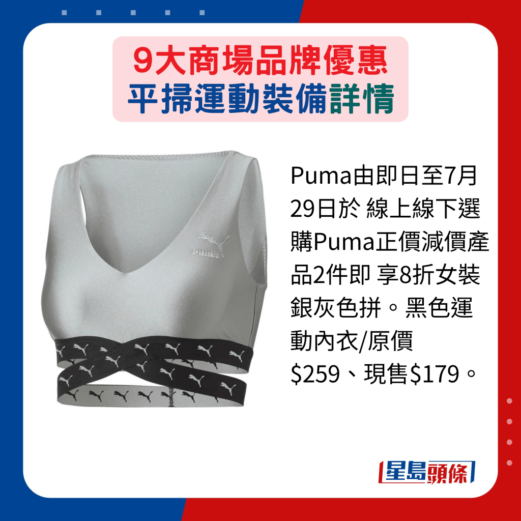 Puma由即日至7月29日于 线上线下选购Puma正价减价产品2件即 享8折女装银灰色拼。黑色运动内衣/原价 $259、现售$179。