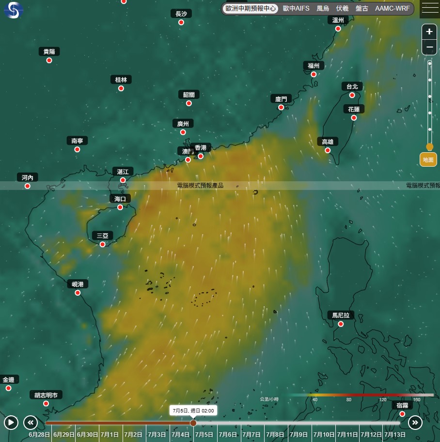 歐洲中期天氣預報中心（ECMWF）預測7月5日風力。