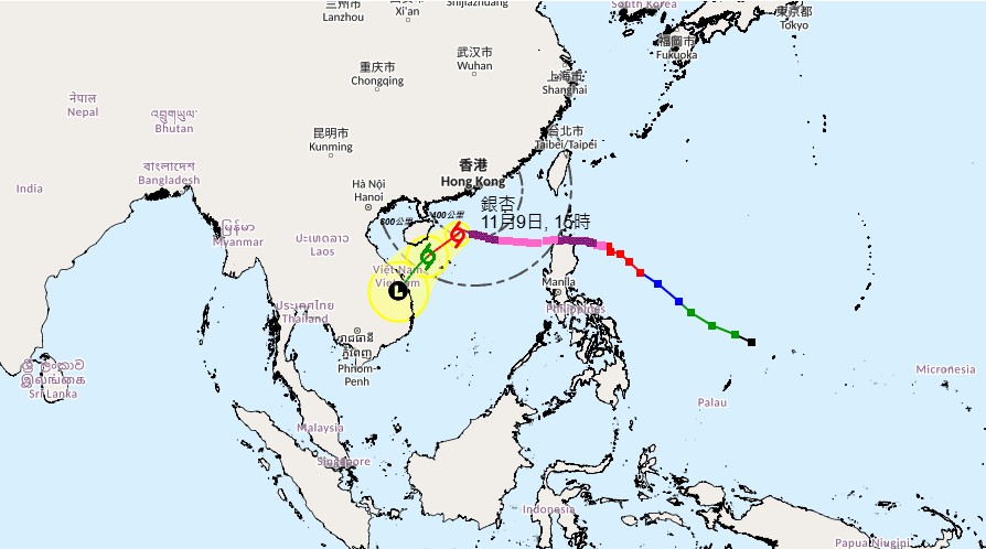 超強颱風銀杏路徑圖。天文台