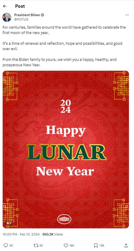 美国总统拜登在社交媒体平台发表农历新年祝福。