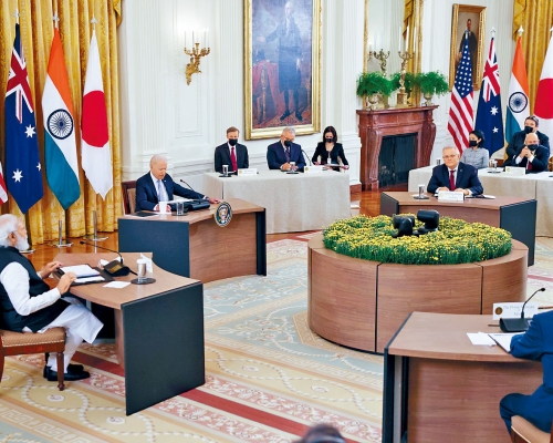 ■拜登、莫迪、菅义伟、莫里森上周五在白宫东厅举行四方安全对话。