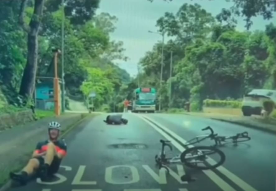 兩名單車漢倒地受傷，狀甚痛苦。fb「車cam L（香港群組）」影片截圖