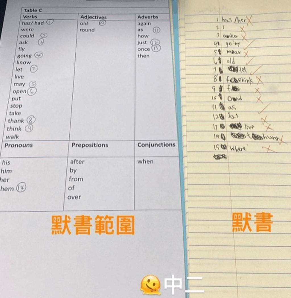 女老師公開在社交平台公然嘲笑自己的學生默書低分。香港單身狗關注組FB圖片