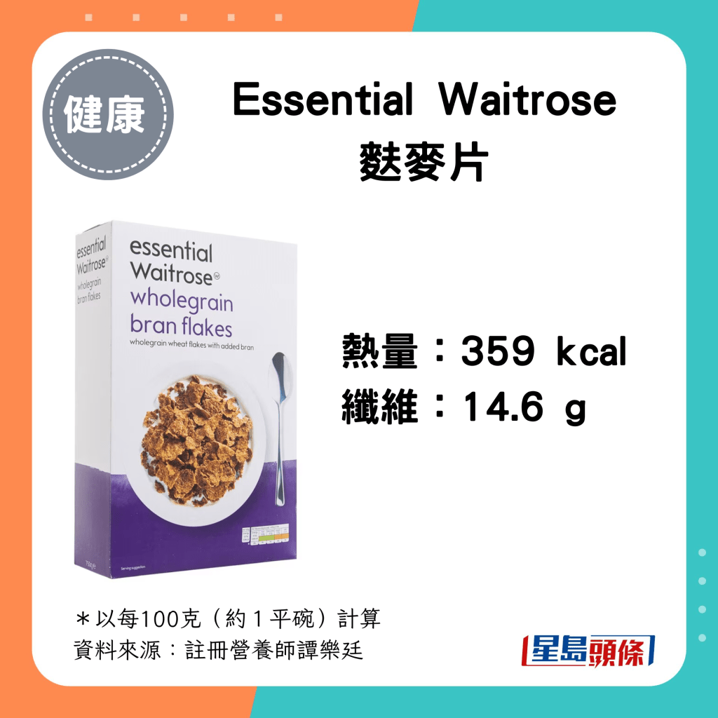 Essential Waitrose 麩麥片：359 kcal、14.6g 纖維