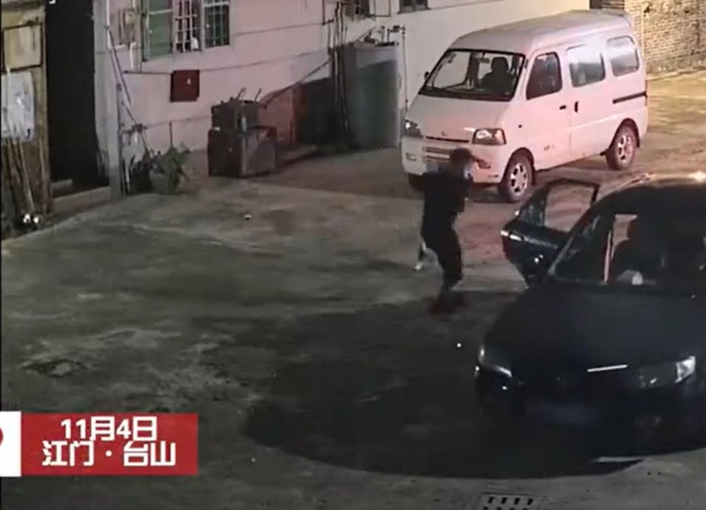疑犯快速地將放養在戶外的狗隻拉上車。網圖