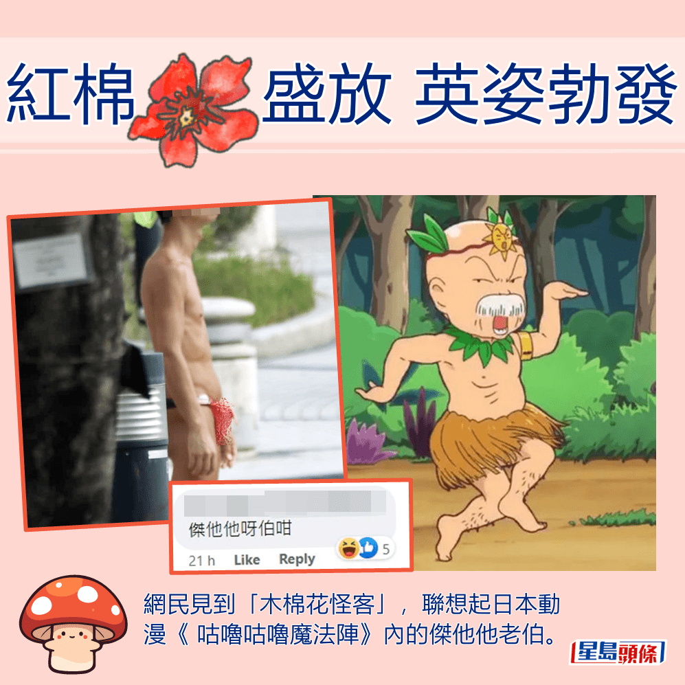 網民見到「木棉花怪客」，聯想起日本動漫《 咕嚕咕嚕魔法陣》內的傑他他老伯。fb「真.屯門友」截圖及網圖