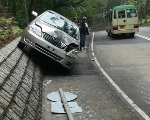 私家車川龍撞路牌剷山坡。