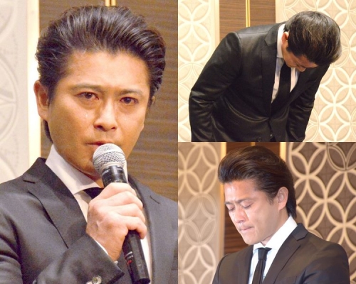 山口達也開記者會道歉,含淚鞠躬及宣佈停工。(網圖)