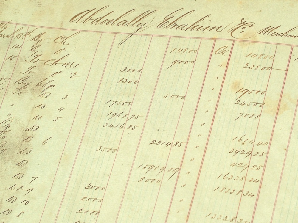 滙豐首個記錄客戶交易的賬簿，記載了貿易公司鴨都喇利（Abdoolally Ebrahim & Co）的資料。滙豐提供圖片