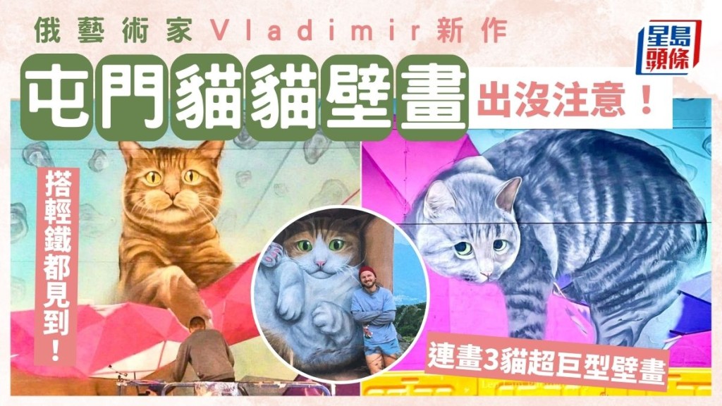 屯門山景貓貓壁畫出沒注意！俄藝術家Vladimir新作將完工　連畫3貓成超巨型壁畫