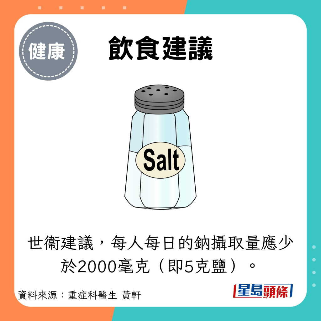 飲食建議：世衞建議，每人每日的鈉攝取量應少於2000毫克（即5克鹽）。