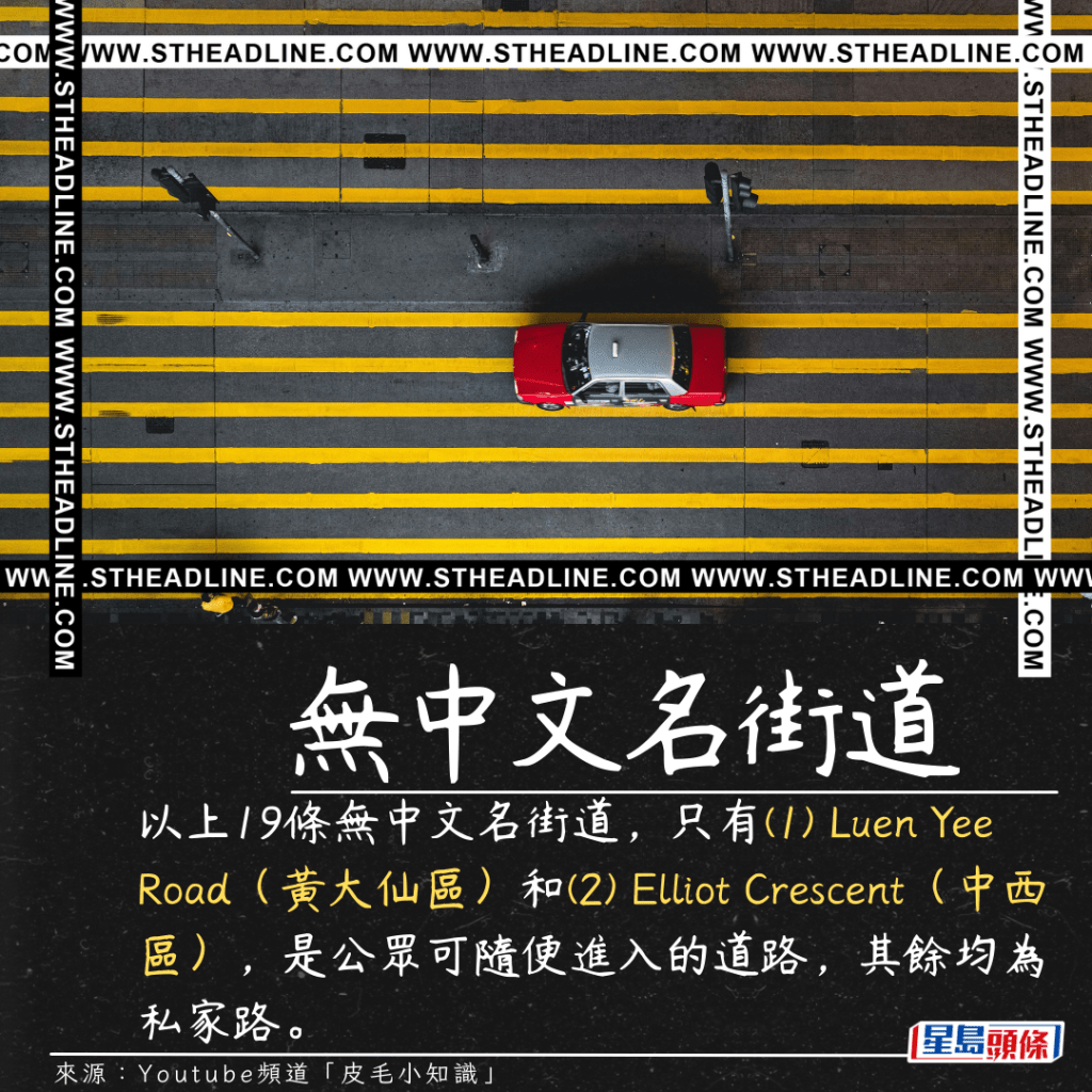 以上19条无中文名街道，只有(1) Luen Yee Road（黄大仙区）和(2) Elliot Crescent（中西区），是公众可随便进入的道路，其馀均为私家路。