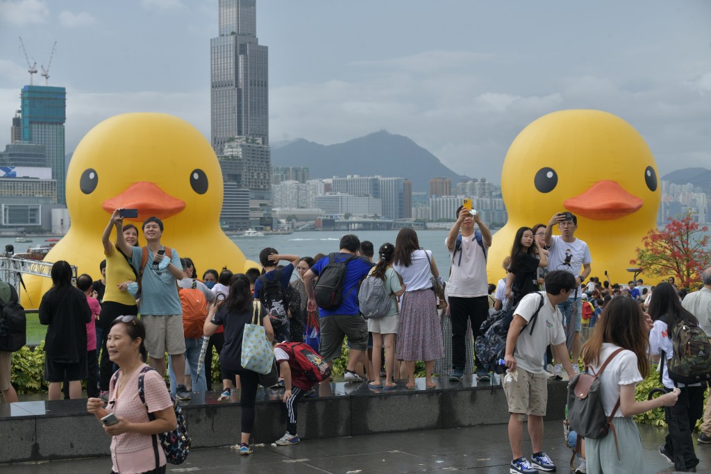 维港橡皮鸭展览6月18日完结，早上有市民冒雨前来打卡。（陈浩元摄）