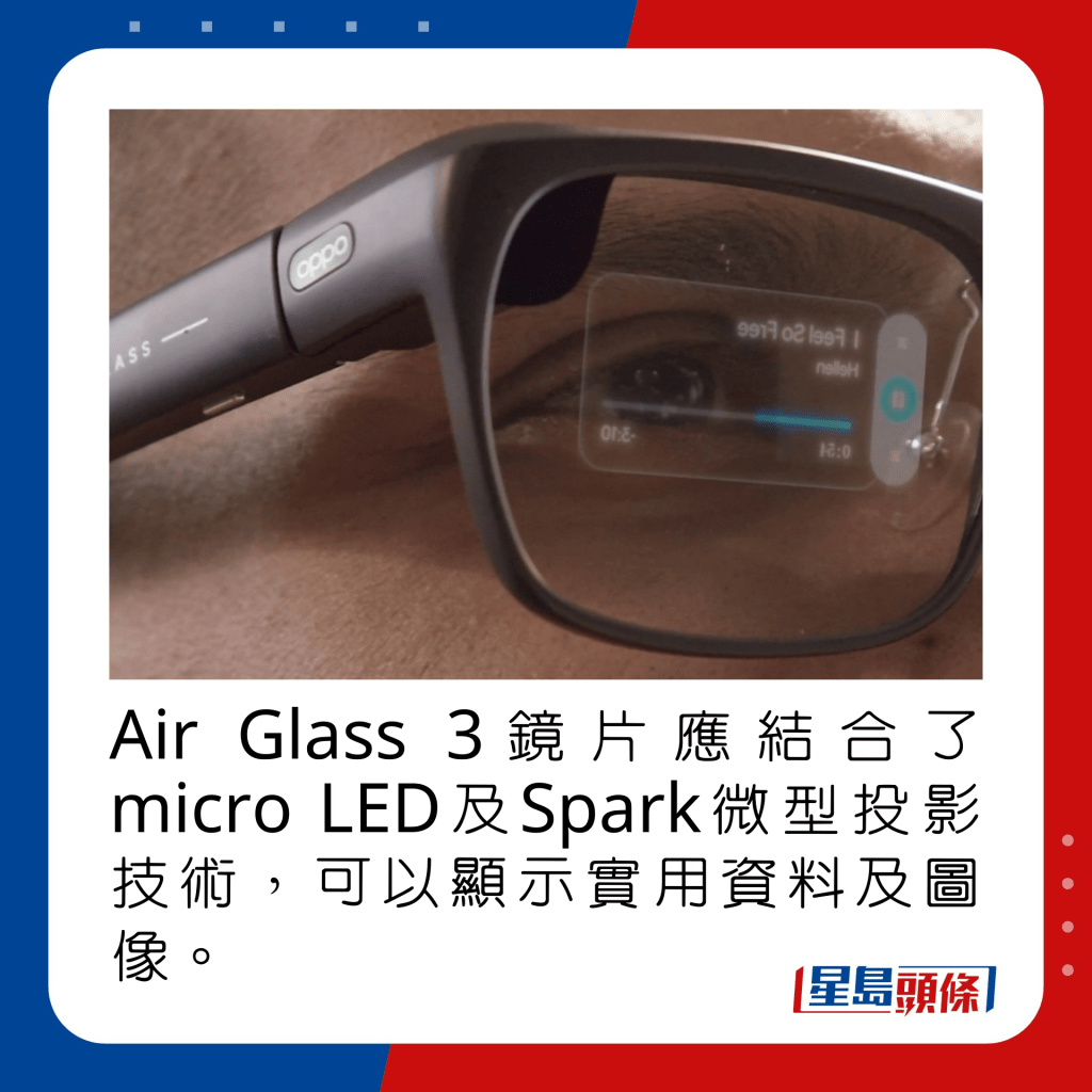 Air Glass 3鏡片應結合了micro LED及Spark微型投影技術，可以顯示實用資料及圖像。