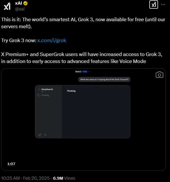 xAI宣布免費提供號稱「世界上最智能」的AI Grok 3，直至其服務器不堪重負為止。