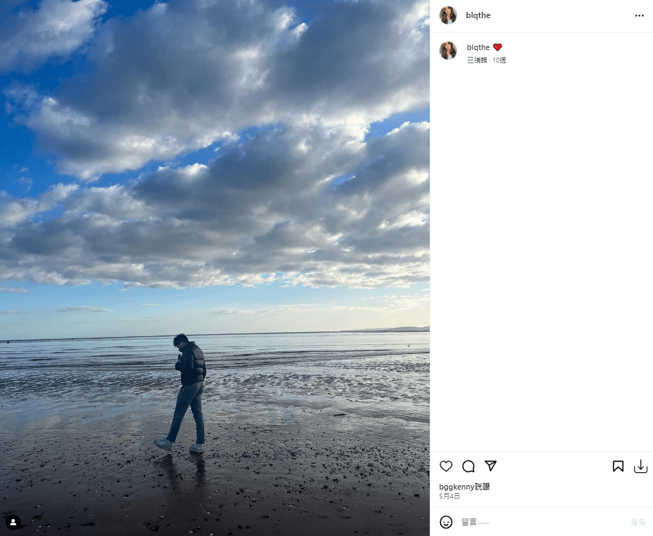 早于去年5月初锺懿已在IG泄「蜜」，贴出Marco的海滩侧身独照。
