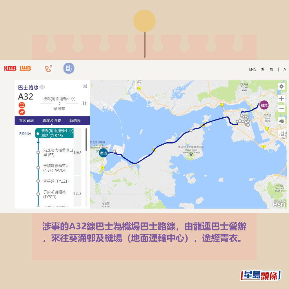涉事的A32線巴士為機場巴士路線,由龍運巴士營辦 ,來往葵涌邨及機場(地面運輸中心),途經青衣。九巴網頁截圖 涉事的A32線巴士為機場巴士路線,由龍運巴士營辦 ,來往葵涌邨及機場(地面運輸中心),途經青衣。九巴網頁截圖