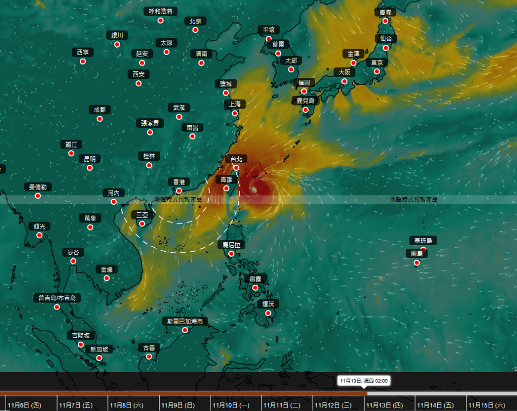 歐洲中期預報中心預測現時位於關島以南熱帶氣旋未來行走路徑。天文台擷圖 歐洲中期預報中心預測現時位於關島以南熱帶氣旋未來行走路徑。天文台擷圖