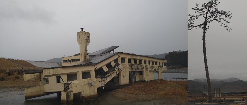 陸前高田青年旅館遺址(左)和奇蹟的一本松(右),作者攝於岩手縣陸前高田市。 陸前高田青年旅館遺址(左)和奇蹟的一本松(右),作者攝於岩手縣陸前高田市。