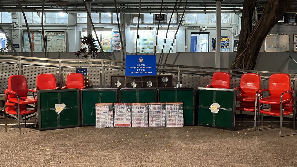 人員在單位內檢獲5張電動麻雀枱、約1.7萬元現金及一批賭具。警方圖片