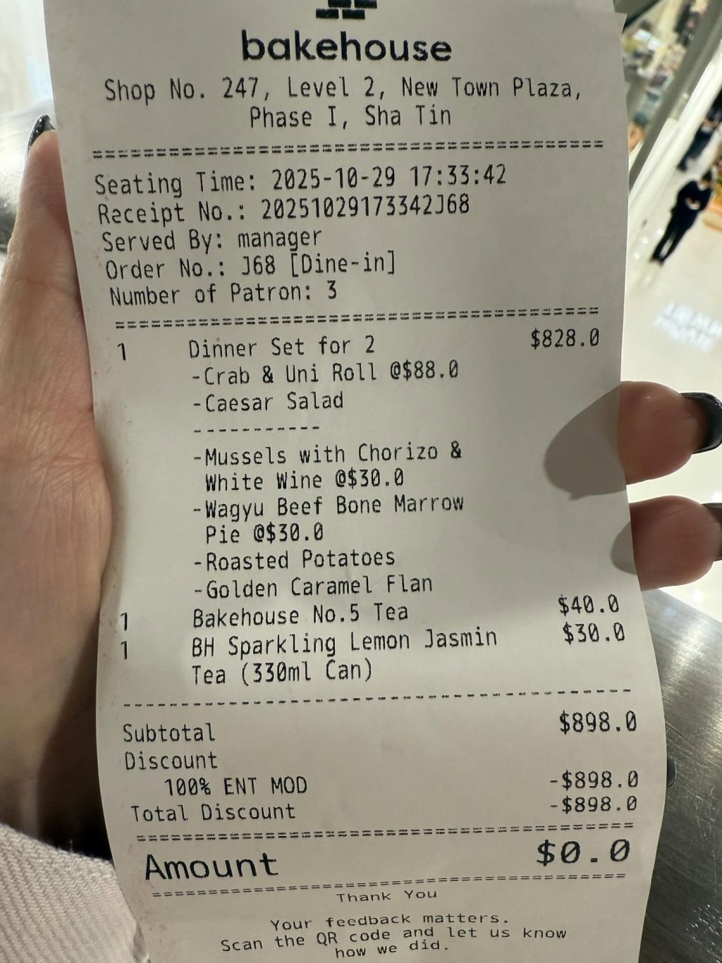 惟事主認為「好小事」禮貌婉拒。直至結帳時，餐廳的處理手法令事主大感震驚，大讚「神級公關」！（圖片來源：Threads）