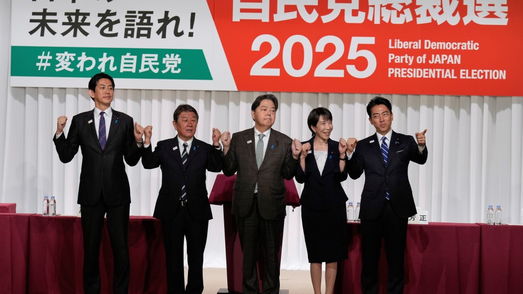 （左起）小林鷹之、茂木敏充、林芳正、高市早苗和小泉進次郎角逐自民黨總裁。 美聯社