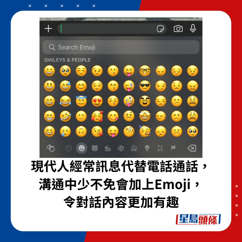 现代人经常讯息代替电话通话，沟通中少不免会加上Emoji，令对话内容更加有趣