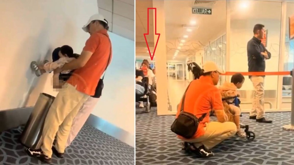 疑是華人的家長讓幼童在垃圾筒上大便，但隔籬（箭嘴）已是洗手間。Threads