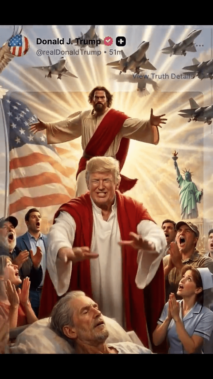 伊朗驻外使馆发AI片:特朗普遭耶稣“爆头打入地狱”。 伊朗驻外使馆发AI片:特朗普遭耶稣“爆头打入地狱”。