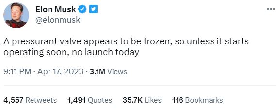 Elon Musk在twitter透露取消发射原因。