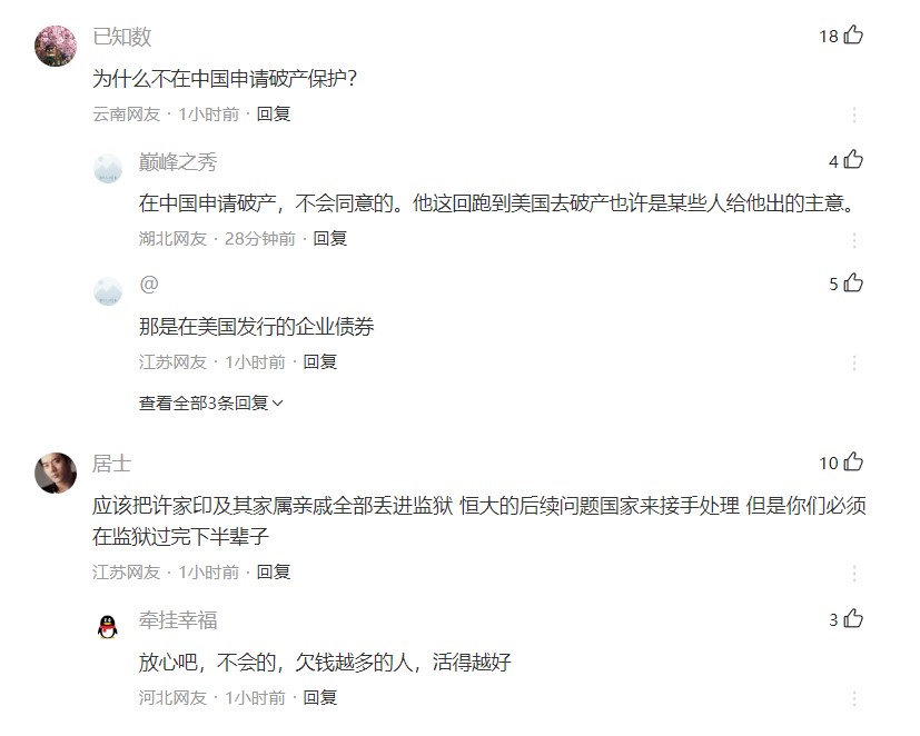 有網民就指，恒大不在中國申請破產保護屬政治考慮。