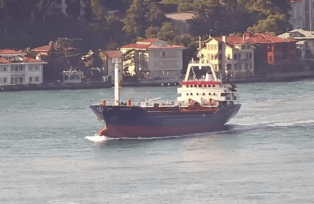 懸掛帕勞國旗的船隻 Sukru Okan 在土耳其伊斯坦布爾過境博斯普魯斯海峽。截圖取自 2023 年 7 月 10 日拍攝的視頻。路透社