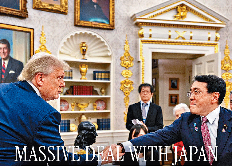 白宮周二上載特朗普和日本貿易談判代表赤澤亮正握手的照片，稱與日本達成「大型協議」。