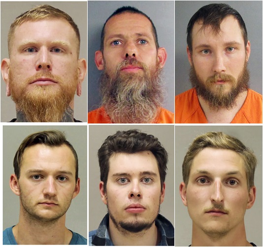 被捕的6人,左起:Brandon Caserta、Pete Musico、Joseph Morrison、Kaleb Franks、Ty Garbin、Daniel Harris。AP圖片