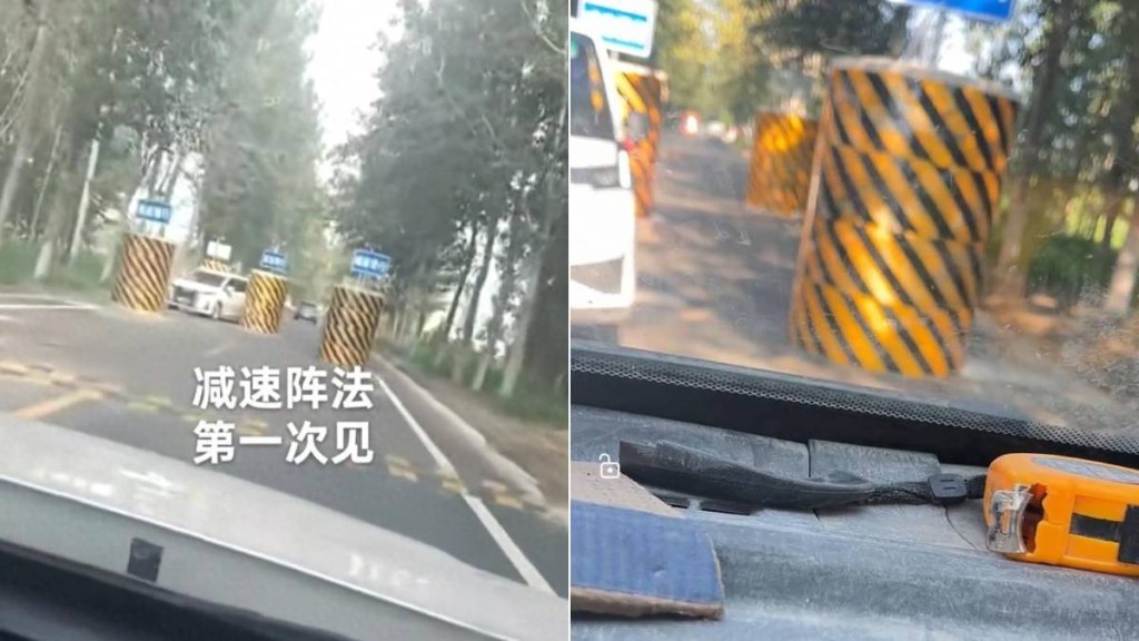 河北葛漁城鎮有公路出現巨型的「梅花樁」減速裝置，惹來關注。網圖