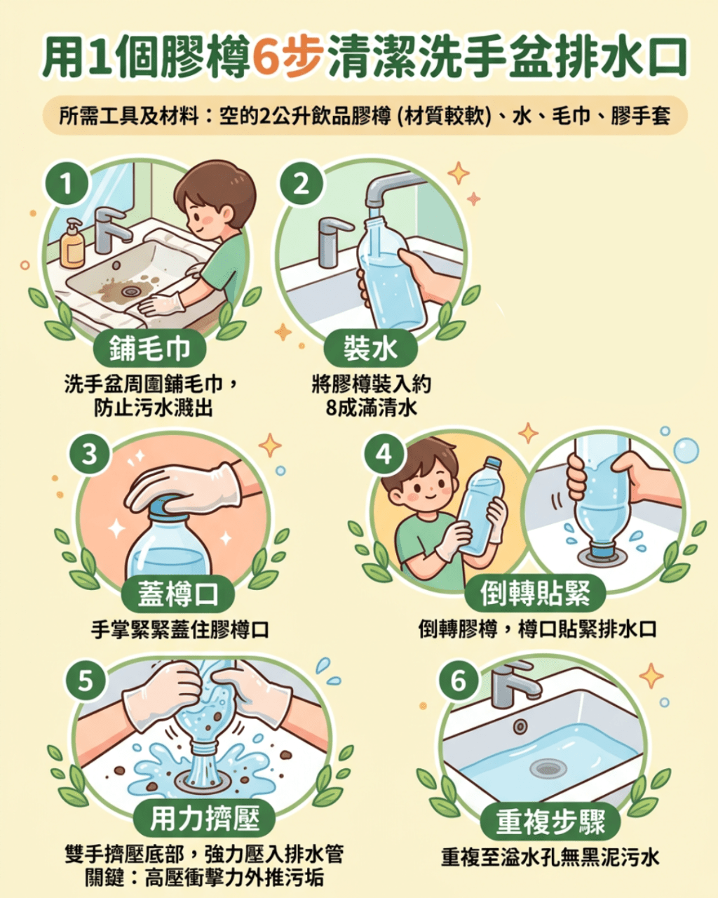 用1个胶樽6步清洁洗手盆排水口 用1个胶樽6步清洁洗手盆排水口