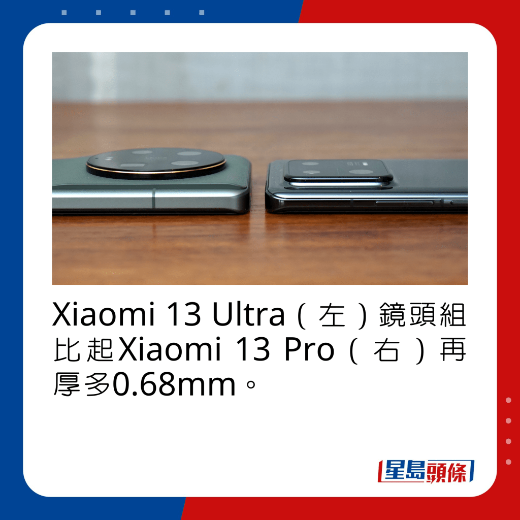 Xiaomi 13 Ultra（左）鏡頭組比起Xiaomi 13 Pro（右）再厚多0.68mm。