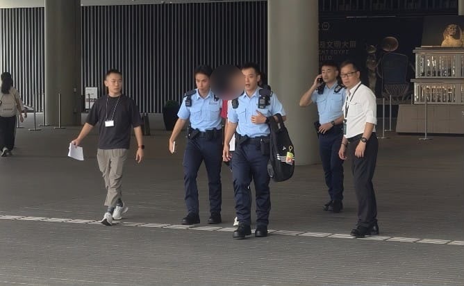 穿紅白上衣的男童被帶上警車。 穿紅白上衣的男童被帶上警車。