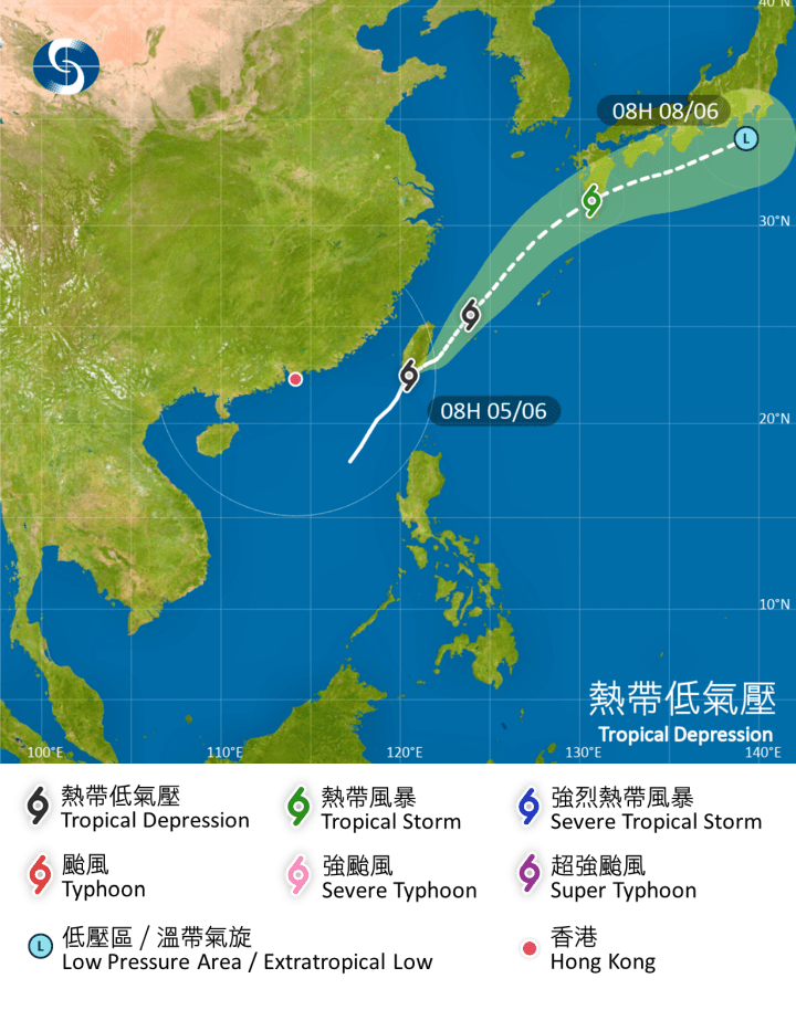 位於台灣附近的熱帶氣旋會在未來一兩日移向日本以南海域。天文台圖片 位於台灣附近的熱帶氣旋會在未來一兩日移向日本以南海域。天文台圖片