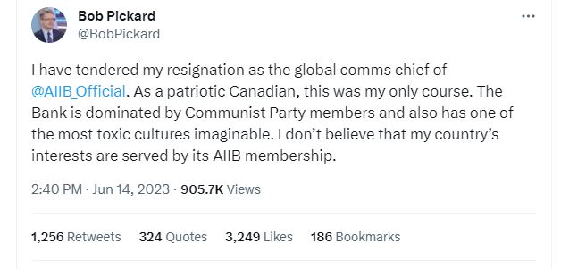 亚投行加拿大籍公关主管毕卡德在Twitter指控亚投行被中国共产党主宰。
