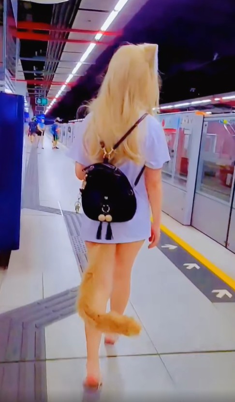 一名以野性猫咪cosplay打扮的港女，怀疑无穿底裤兼肛塞「狐狸尾」情趣用品乘搭港铁。(影片截图)