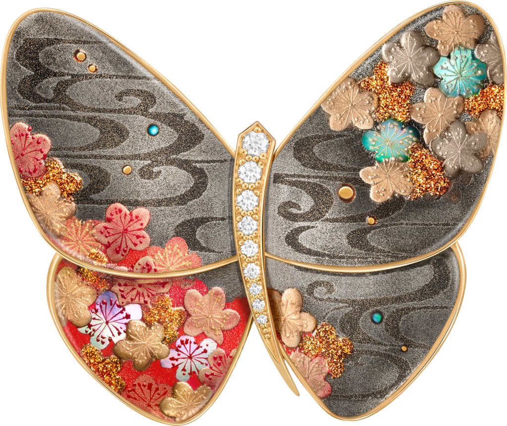 Kohakubai漆绘蝴蝶胸针，18K黄金镶嵌白色珍珠贝母、漆绘、圆形钻石限量20件。