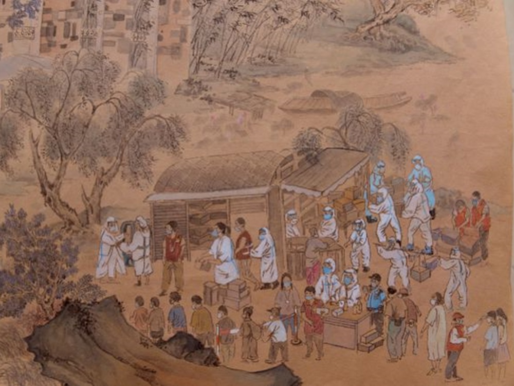 廣州佛山一位藝術家創作出一副名為「核酸檢測上河圖」。網圖