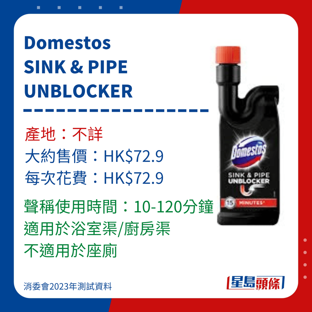 消委会通渠水/通渠剂测试名单｜5 Domestos SINK & PIPE UNBLOCKER，标示使用时间10-120分钟。　 