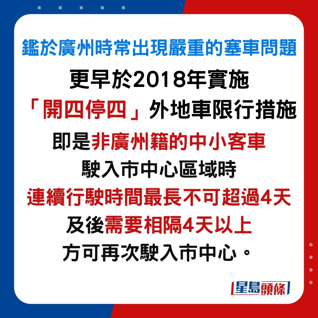 鑑於廣州時常出現嚴重的塞車問題，因此，當局早已實行汽車限行政策，而廣州更早於2018年實施「開四停四」外地車限行措施