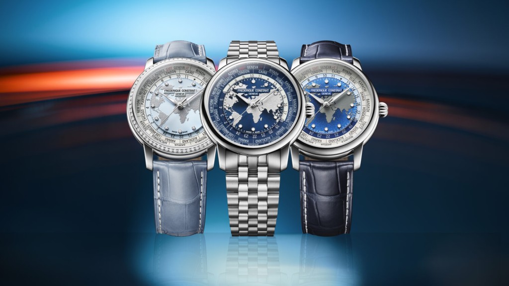 Frederique Constant Manufacture Classic Worldtimer提供3款錶盤顏色選擇,其中淺藍配淺灰色調設計的型號(圖左),其時刻及錶圈均鑲鑽,屬限量版本。 Frederique Constant Manufacture Classic Worldtimer提供3款錶盤顏色選擇,其中淺藍配淺灰色調設計的型號(圖左),其時刻及錶圈均鑲鑽,屬限量版本。