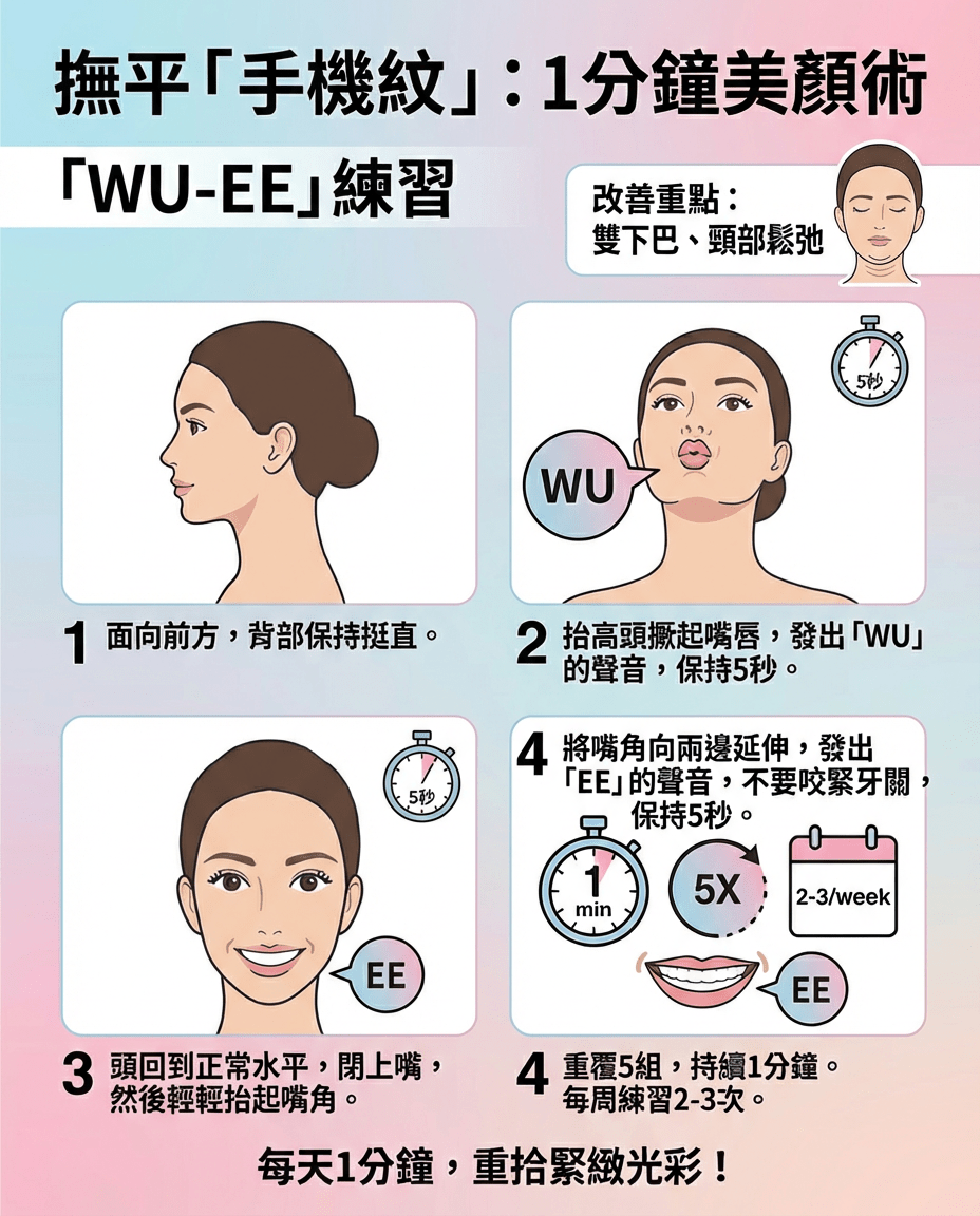 撫平「手機紋」1分鐘美顏術：「WU-EE」練習